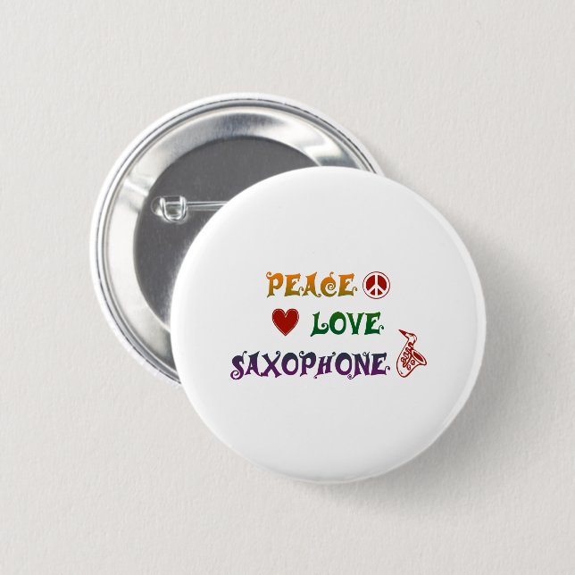 Peace Love Saxophone rainbow Pinback Button (Front & Back)