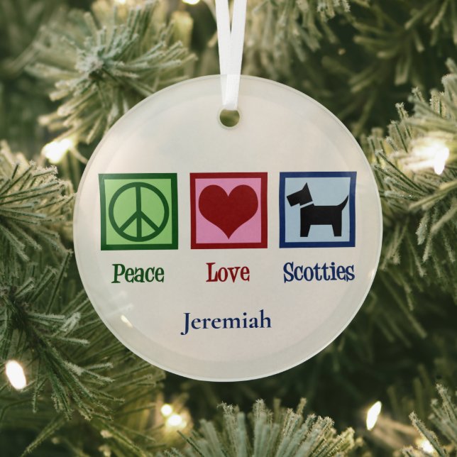 Peace Love Scotties Cute Custom Scottish Terrier Glass Ornament (Insitu)