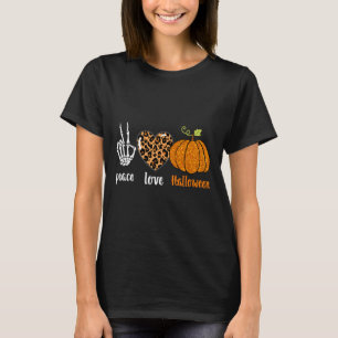 peace love Skeleton fall Pumpkin leopard Halloween T-Shirt