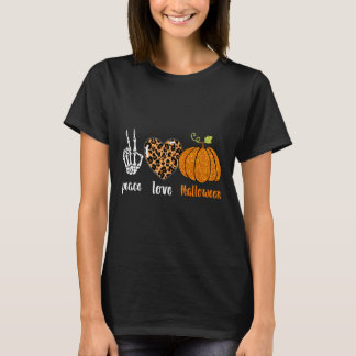 Peace Love Skeleton Fall Pumpkin Leopard Halloween T-Shirt