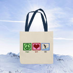 Peace Love Ski Trip Cute Skiing Tote Bag<br><div class="desc">A cute skiing tote bag gift for an avid skiier who loves to take to the slopes in winter. A peace sign,  heart,  and a person on skis coasting down a snowy mountain in pretty blue. A cool ski Christmas present.</div>