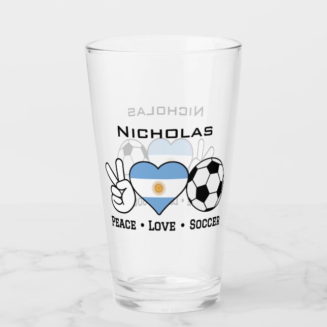 Peace Love Soccer Argentina Glass Cup (Front)