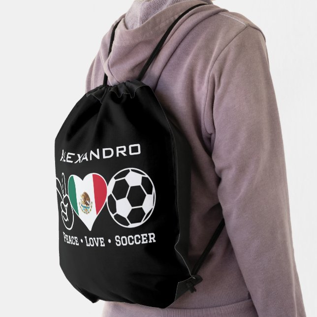 Peace Love Soccer Drawstring Bag With Name (Insitu)