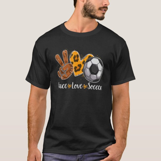 Peace Love Soccer Leopard Print Cheetah Pattern T-Shirt (Front)