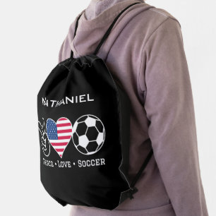 Peace Love Soccer USA Drawstring Bag With Name