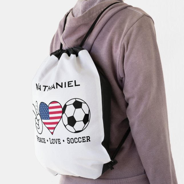 Peace Love Soccer USA Drawstring Bag With Name (Insitu)