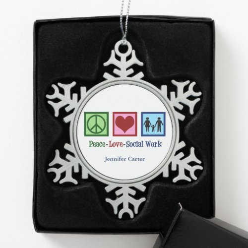 Peace Love Social Work Personalized Christmas Snowflake Pewter Christmas Ornament