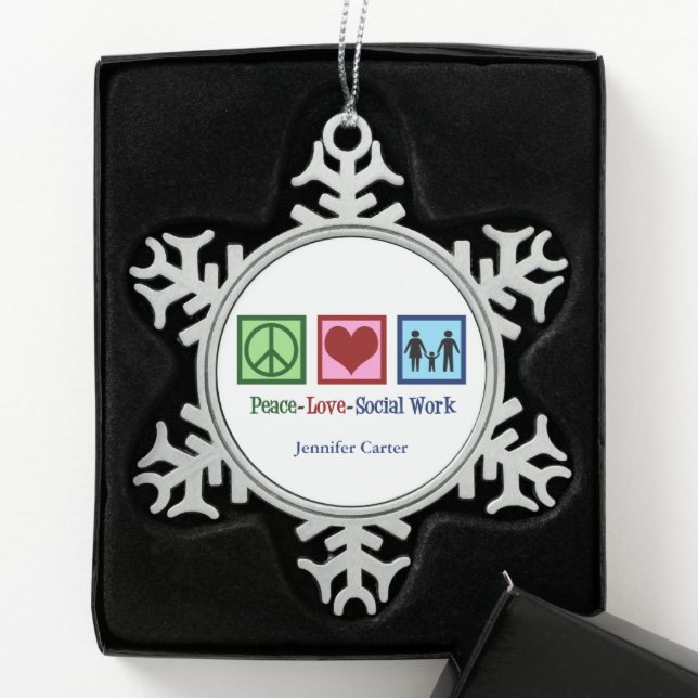 Peace Love Social Work Personalized Christmas Snowflake Pewter Christmas Ornament (Box)