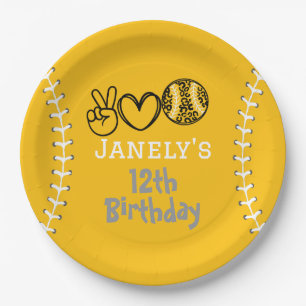 Peace Love Softball Birthday Paper Plates