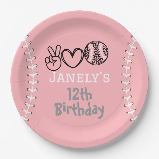 Peace Love Softball Birthday Paper Plates (Front)