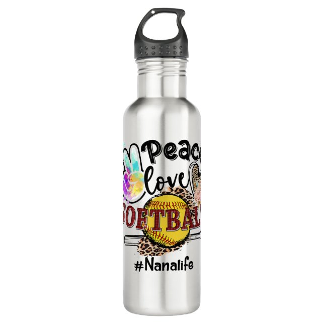 Peace Love Softball Nana Life Mom Grandma Leopard  Stainless Steel Water Bottle (Front)