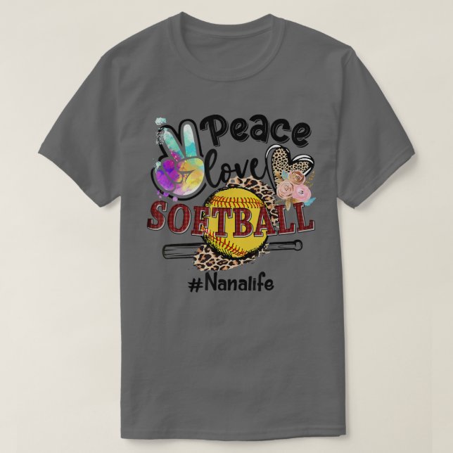 Peace Love Softball Nana Life Mom Grandma Leopard  T-Shirt (Design Front)