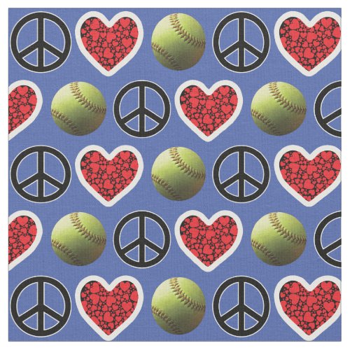 Peace Love Softball on Blue Design Fabric