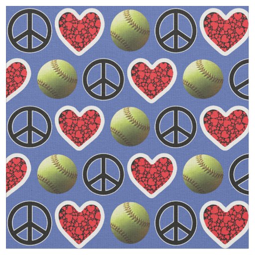 Peace, Love, Softball on Blue Design Fabric