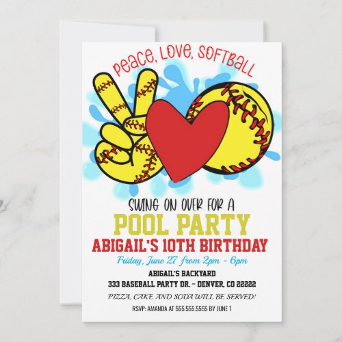  Peace Love Softball Pool Party Invitation