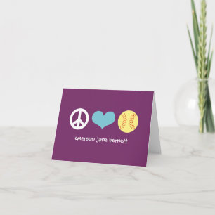 Peace, Love, Softball Purple Letterpress Thank You Card