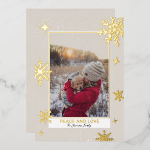 Peace love stars snow red photo foil holiday card
