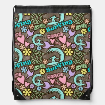 Peace  Love  Surfing Drawstring Bag by Birthday_Party_House at Zazzle