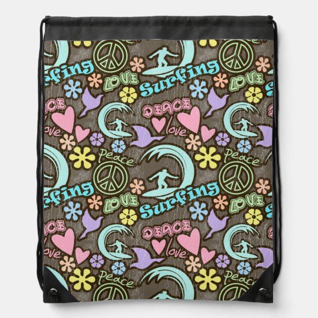 Peace, Love, Surfing Drawstring Bag (Front)