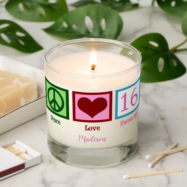 Peace Love Sweet 16 Cute 16th Birthday Gift Scented Candle (Lit)