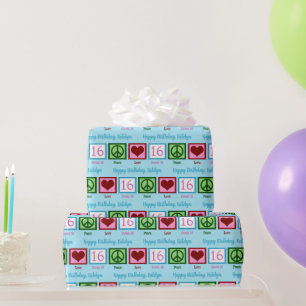 Peace Love Sweet 16 Cute Custom 16th Birthday Wrapping Paper