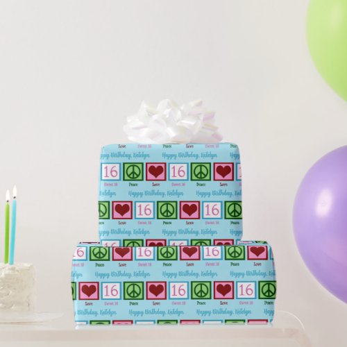 Peace Love Sweet 16 Cute Custom 16th Birthday Wrapping Paper