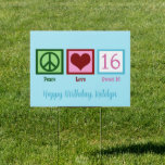Peace Love Sweet 16 Cute Custom 16th Birthday Yard Sign<br><div class="desc">This Peace Love Sweet Sixteen yard sign is the perfect cute birthday party addition for a teenage girl who loves pretty pink 16 next to a peace sign and heart. Order this birthday present for your daughter's 16th bday to make her special day perfect.</div>