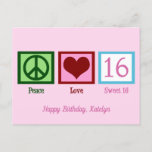 Peace Love Sweet 16 Pretty Pink 16th Birthday Postcard<br><div class="desc">The perfect personalized sixteenth birthday postcard for a teenage girl. Peace Love Sweet 16 with your cute custom text in pretty pink.</div>