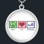 Peace Love Swimming Silver Plated Necklace<br><div class="desc">A peace sign,  heart,  and a person who likes to swim.</div>