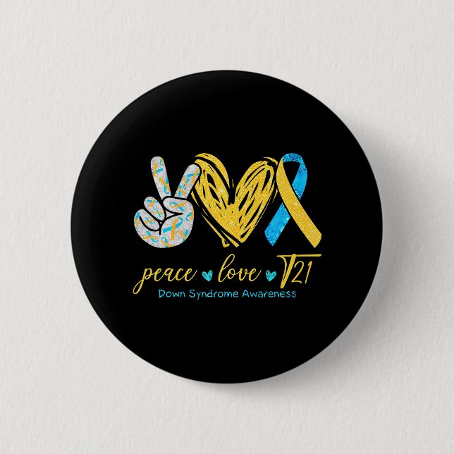 Peace Love T21 Blue Yellow Ribbon Down Syndrome Button (Front)