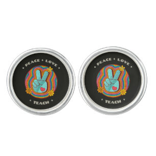 Peace Love Teach Vintage Retro 70s Hippie Cufflinks