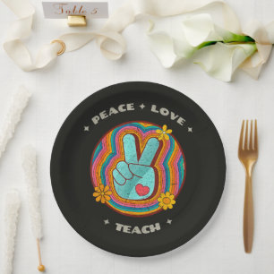Peace Love Teach Vintage Retro 70s Hippie Paper Plates