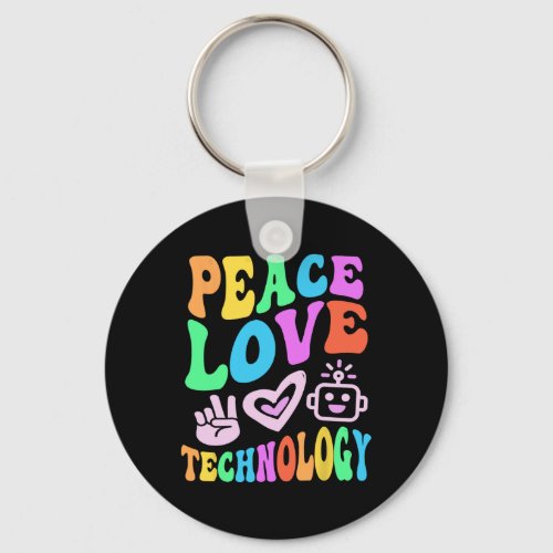 Peace Love Technology Retro Computer Teacher Vibes Keychain