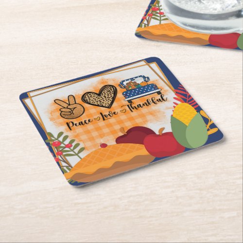 Peace Love Thankful Fall  Thanksgiving Square Paper Coaster