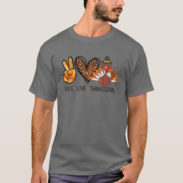 Peace Love Thanksgiving Leopard Heart Turkey Thank T-Shirt (Front)