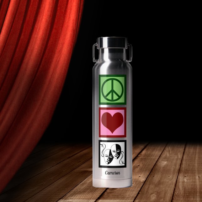 Peace Love Theater Drama Masks Personalized Water Bottle (Creator Uploaded)