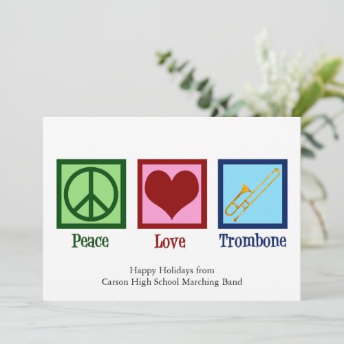 Peace Love Trombone Player Cute Custom Holiday Card