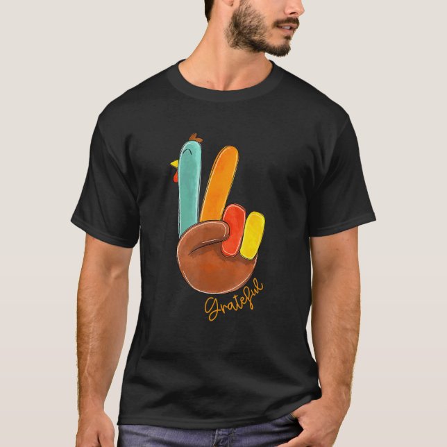 Peace Love Turkey Grateful Turkey Hand Sign Thanks T-Shirt (Front)