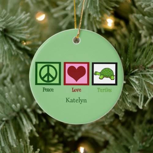 Peace Love Turtles Cute Custom Green Christmas Ceramic Ornament