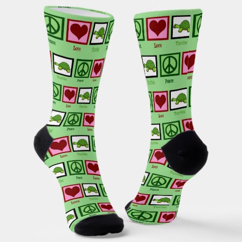 Peace Love Turtles Cute Green Christmas Socks