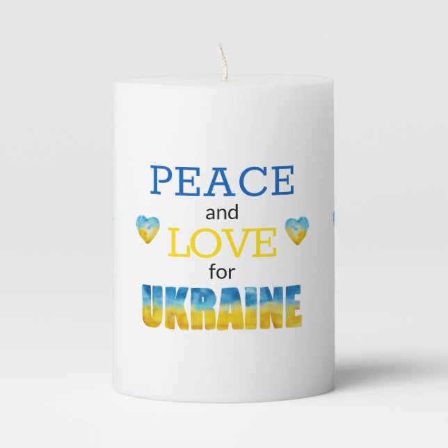 Peace Love Ukraine Blue Yellow Hearts Pillar Candl Candle (Front)