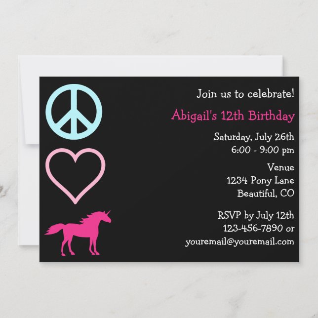 Peace Love Unicorns Girl's Birthday Invitation (Front)