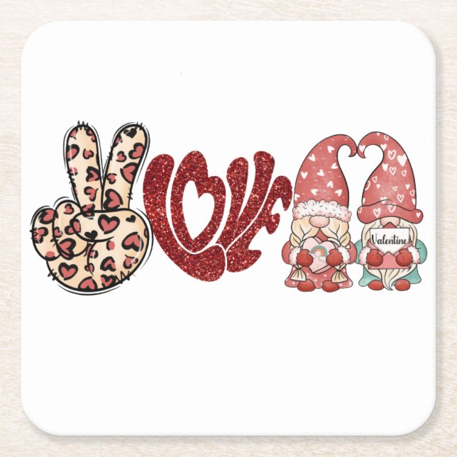 Peace Love Valentines | Valentines Day Square Paper Coaster (Front)