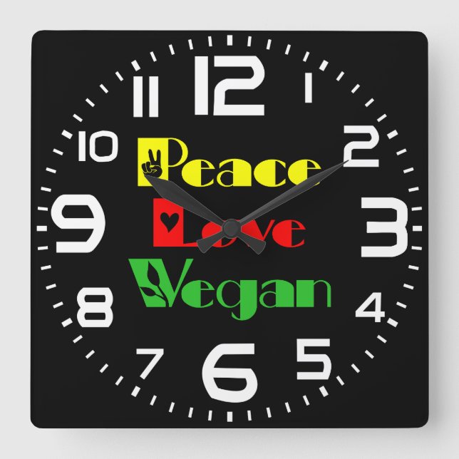 PEACE LOVE VEGAN Cool, Retro Square Wall Clock (Front)