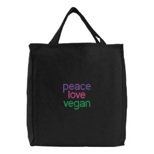 peace, love, vegan embroidered tote bag