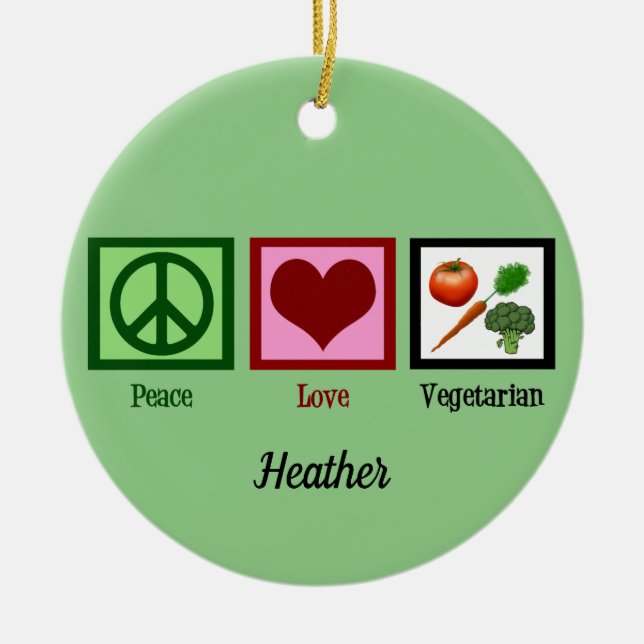 Peace Love Vegetarian Green Monogram Christmas Ceramic Ornament (Front)