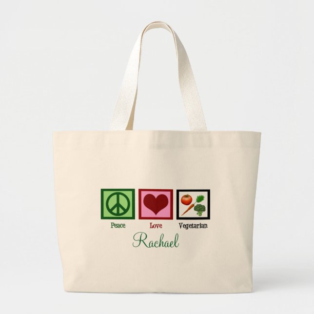 Peace Love Vegetarian Personalized Large Tote Bag (Front)