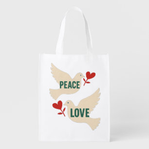 Peace & Love Vintage Dove Art with Heart Motif Grocery Bag