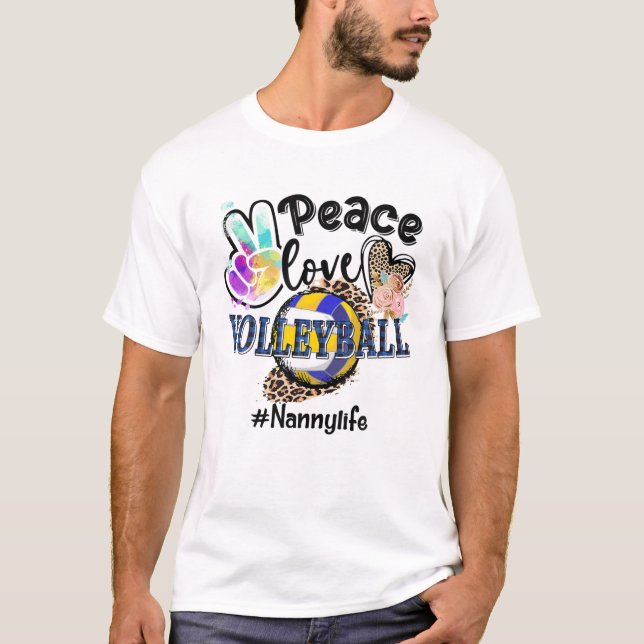 Peace Love Volleyball Nanny Life Mom Grandma Leopa T-Shirt (Front)