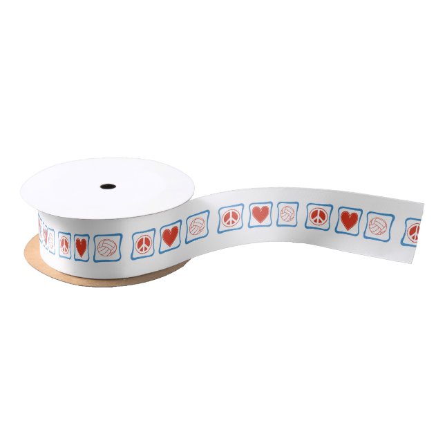 Peace Love Volleyball Red Heart and Squares Satin Ribbon (Spool)